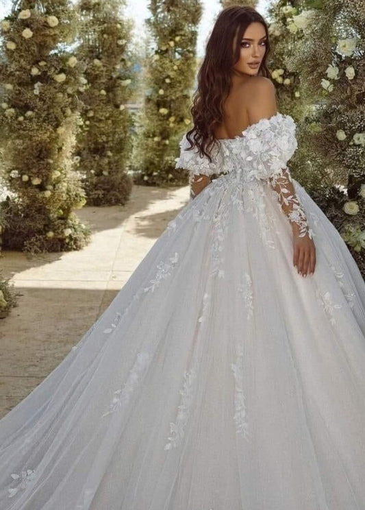 Bling Lace Ball Gown Wedding Dresses Of Stunning Beading 3D Appliques Lace Bridal Skirts With Removable Sleeves