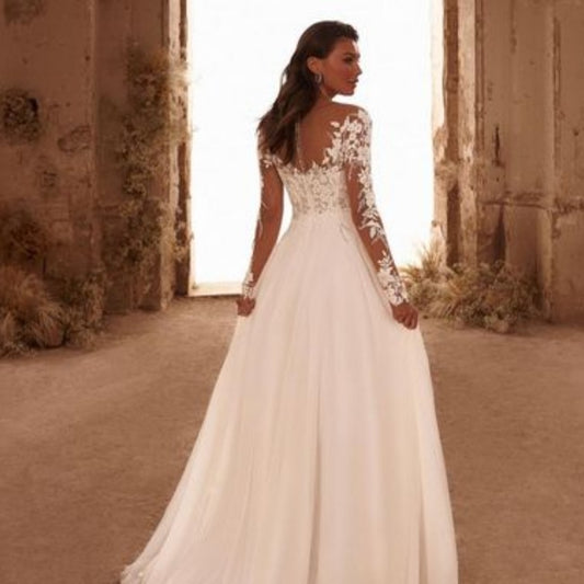 Boho Long Sleeves Wedding Dress 2024 Chiffon Appliques Scoop Neck Button Back A-Line Bridal Gowns Vestido De Novia