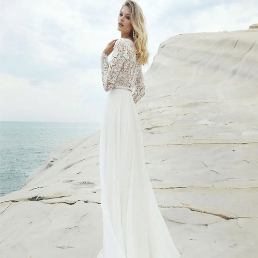 Two Piece Boho Lace Chiffon Beach Wedding Dress Bride Long Sleeves O-Neck Elegant  A-Line Bridal Gown 2 in 1 Women 2024