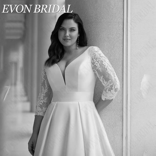 EVON BRIDAL Lace V-Neck Wedding Dress Plus Size For Big Woman 3/4 Sleeves Bride Party Gowns Satin A-Line Elegant Robe De Mariée