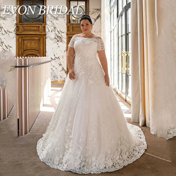 EVON BRIDAL Exquisite Plus Size Wedding Dresses Big Women Bride Dress Off The Shoulder Applique Button A-Line Bridal Gowns