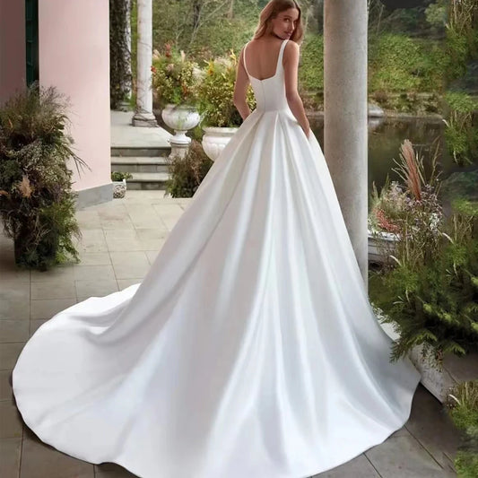 PERFECT Simple Square Collar A-Line Wedding Dresses Elegant Sleeveless Backless Bridal Gowns Satin Custom Made Robe De Mariée