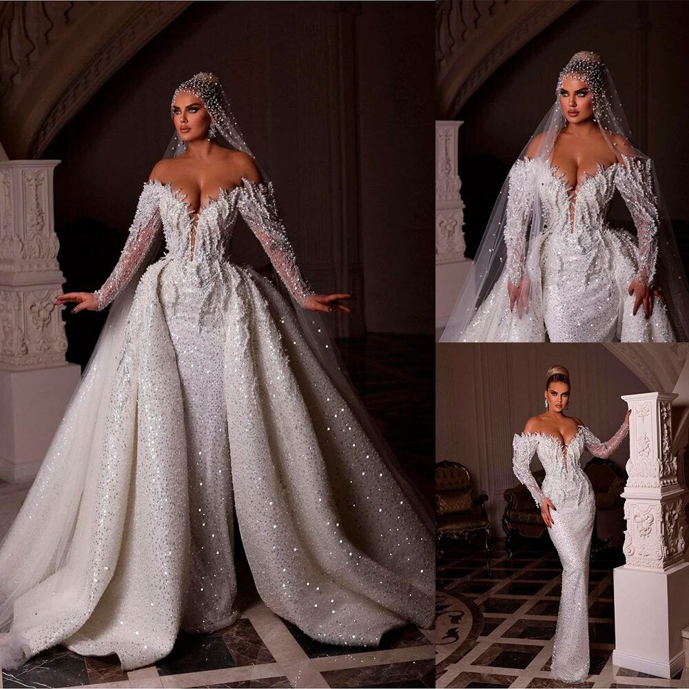 2024 New Luxury Wedding Dress Sparkly Sequin Dubai Off-Shoulder Long Sleeves Pearls Beads Mermaid Detachable Train Bridal Gown