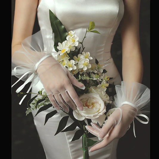 WG020 Elegant Women Wedding Bridal Short White Gloves Breathable Tulle Ribbon Bow Brides Bridesmaid Accessories