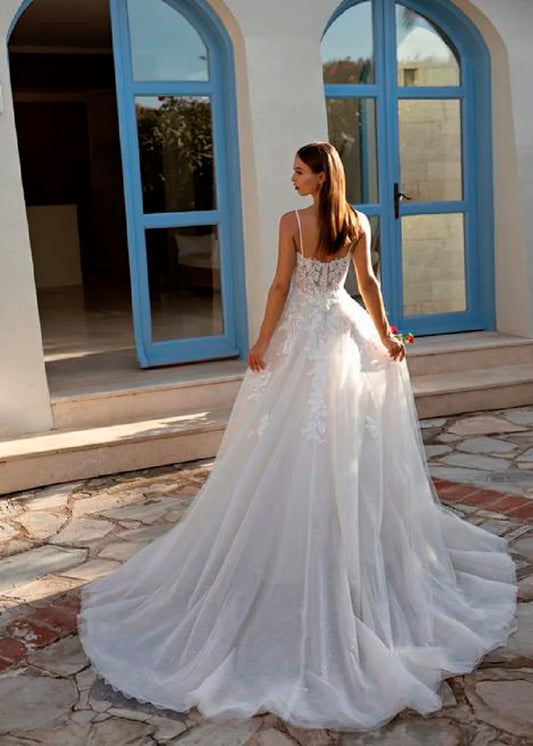 Spaghetti Strap Tulle Vintage Wedding Dresses Sweetheart Lace Appliques Beading Beach Bride Gown Vestidos De Novia