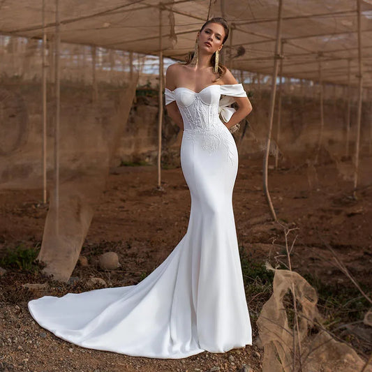 Elegant Mermaid Sweetheart Wedding Dresses White Women 2024 Lace Applique Off The Shoulder Satin Bridal Gown Vestidos De Novia