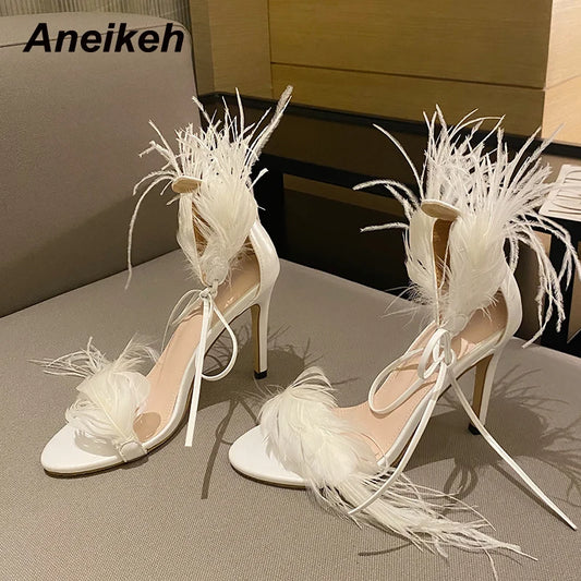 2024 New PU Fashion Peep Toe Sandals Women's Summer Thin Heels Shoes Party Sexy Basic Solid Sweet FEATHER Elegant White