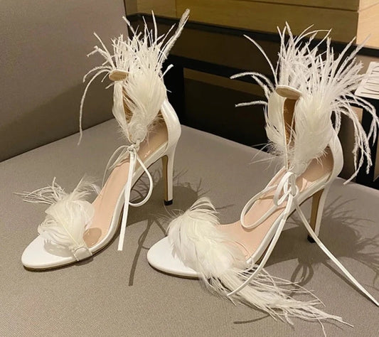 2024 New PU Fashion Peep Toe Sandals Women's Summer Thin Heels Shoes Party Sexy Basic Solid Sweet FEATHER Elegant White