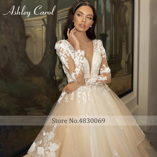 Luxury Wedding Dresses For Women 2024 Glamorous Princess V-Neckline Appliques Wedding Gown Vestidos De Novia