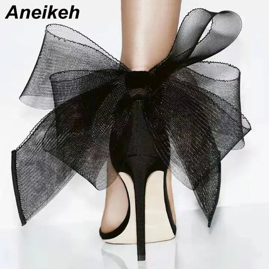 2024 Elegant Silk Pointed Open Toe High Heels Women's Mesh Butterfly knit Cover Heel Buckle Strap Sandals Party Dress