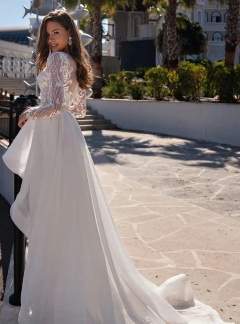 Mermaid Wedding Dress 2024 Translucent Long Sleeve Shiny Lace Beaded Sequined 2 In 1 Detachable Train Bride Dresses