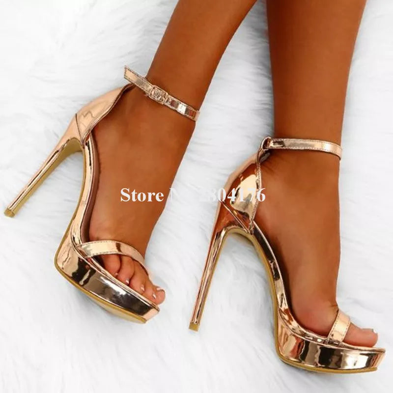 Women Shining Gold Patent Leather High Platform Stiletto Heel Sandals One Strap Ankle Buckle High Heel Sandals Dress Shoes