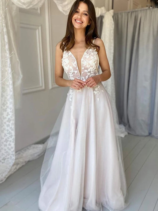 Simple Wedding Dress V-Neck Wilth 3D Flowers Sleeveless A-Line Tulle Robe De Mariee Custom Made Bridal Gown Floor Length Charm