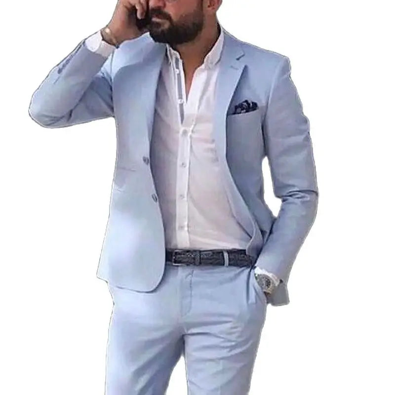 Sky Blue Linen Beach Men Suits 2024 Summer 2 Piece Slim Fit Groom Tuxedo for Wedding New Male Fashion Jacket with Pants