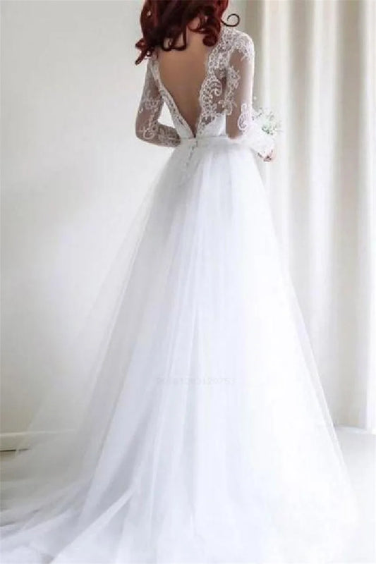 A-line Long Sleeves Wedding Dresses Lace Tulle Backless Bridal Gowns Boho Vestidos De Novia Sexy V-neck Custom Made