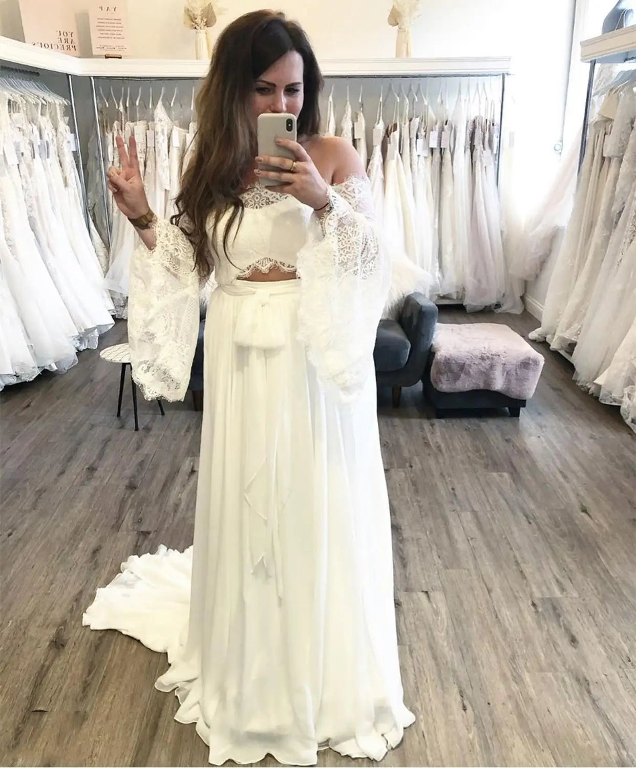 Bohemian Wedding Dress Two Pieces 2 Boho Lace  Bridal Gowns Gorgeous Rustic Half Sleeve Flare  Sweep Train Brides Dress Charming