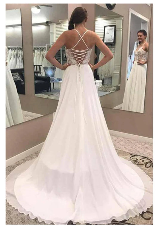 Sexy Spaghetti Strips A-Line Wedding Dresses Lace Up Back Chiffon Long Bridal Gowns Formal Custom Plus Size Vestidos