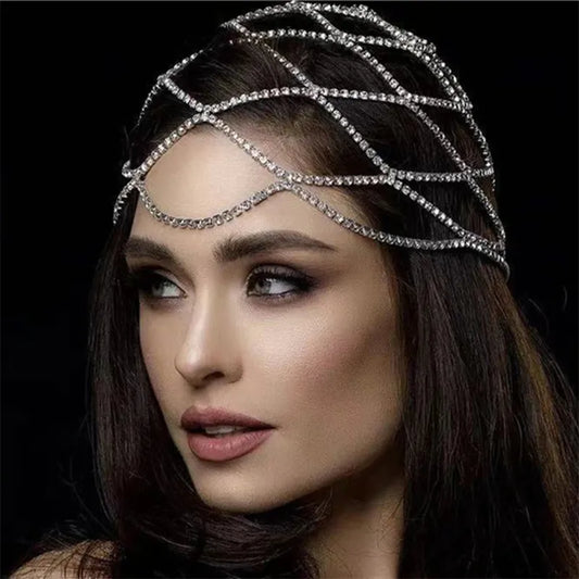 Hollow Rhinestone Mesh Headpiece Wedding Head Chain Jewelry for Women Luxury Crystal Headband Head Cap Hat Hair Accessories