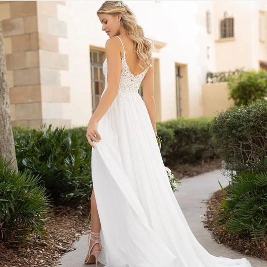 Wedding Dress Beach Boho Side Slit Split Spaghetti Strap A-Line Bridal Gowns Court Train Chiffon Simple Lace Appliques