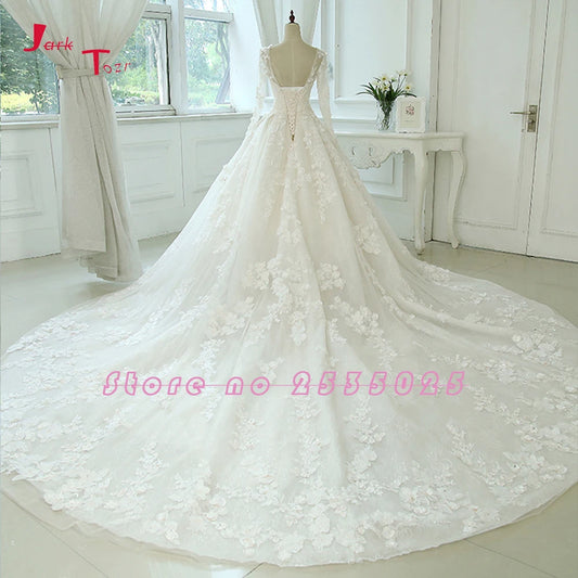 Long Sleeve Bridal Gowns Beading Pearls All Over Lace Appliques Flowers Princess Wedding Dresses