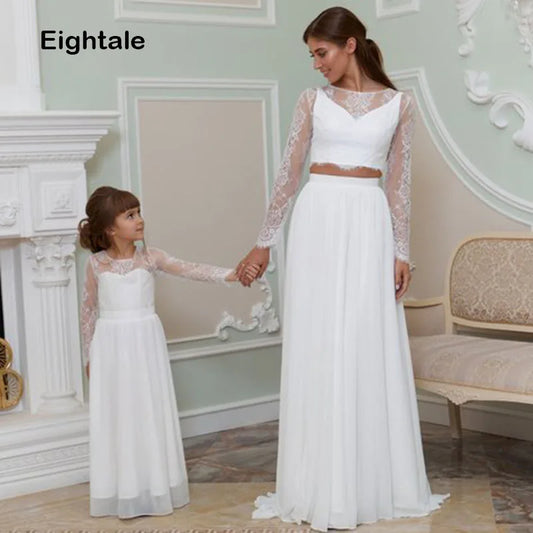 Mother and Daughter Wedding Dresses 2019 Princess Two Piece Floor Length Lace Long Sleeve Bride Dress Wedding Gowns