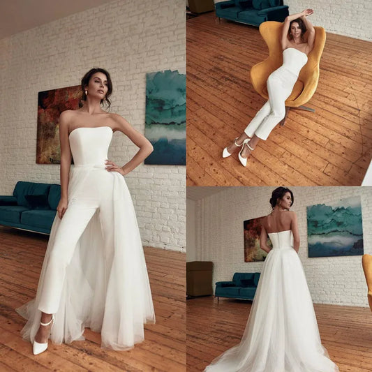 Strapless Wedding Jumpsuit with Detachable Train Summer Holiday Beach Bohemian Bride Dress with Pant Suit Custom Made Party