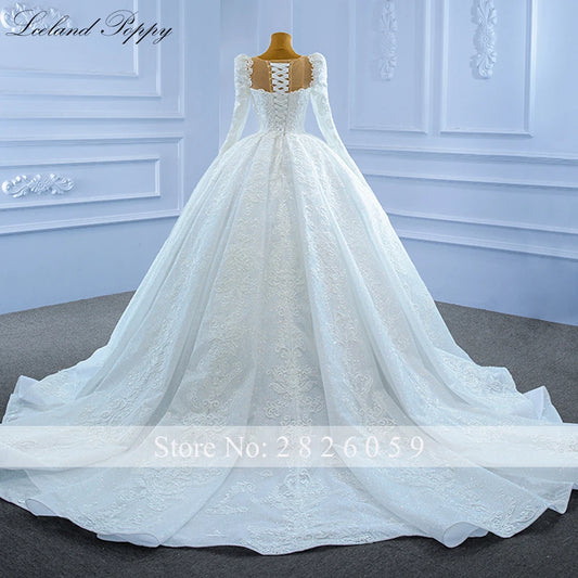 A Line Full Sleeves Lace Wedding Dress Pearls Beaded Floor Length Vestido de Novia Court Train Bridal Gowns