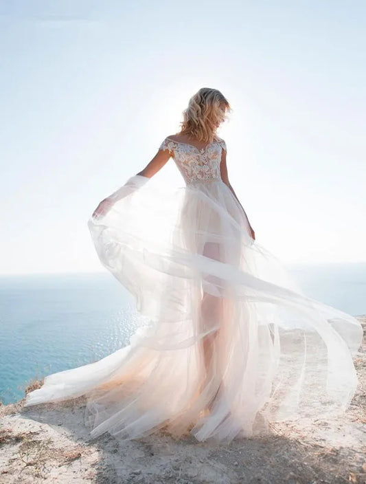Beach Short Wedding Dresses 2 Pieces Detachable Train Beading Appliques Lace Bridal Gown Customize Cap Sleeve