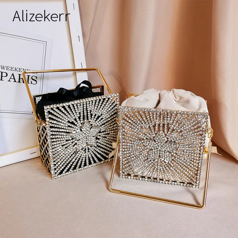 Shiny star Diamonds Evening Bags Women 2024 New Luxury Rhinestone Metal Cage Clutch Purse Female Chic Hollow Out Shoulder Bags