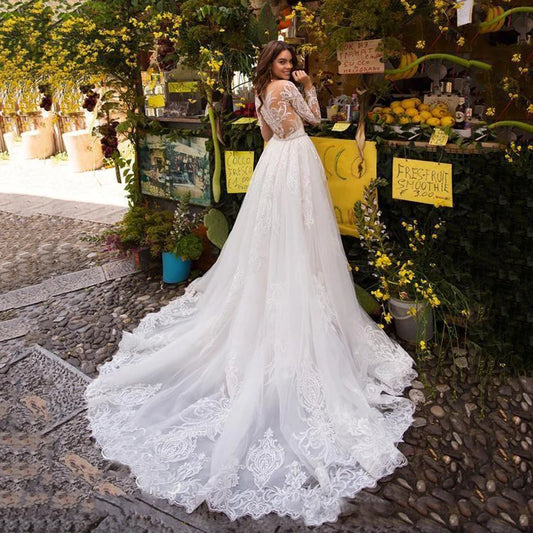 LoveDress Luxury Lace Wedding Dress Long Sleeve Sheer V-Neck 2 In 1 Modern Mermaid Bride Gown Detachable Train Vestido de noiva