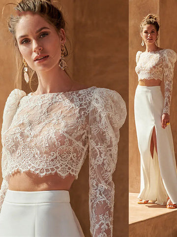 Boho Two Pieces Lace Top Long Puff Sleeves Wedding Dresses High Side Slit O-Neck Backless Sweep Train Princess Illusion