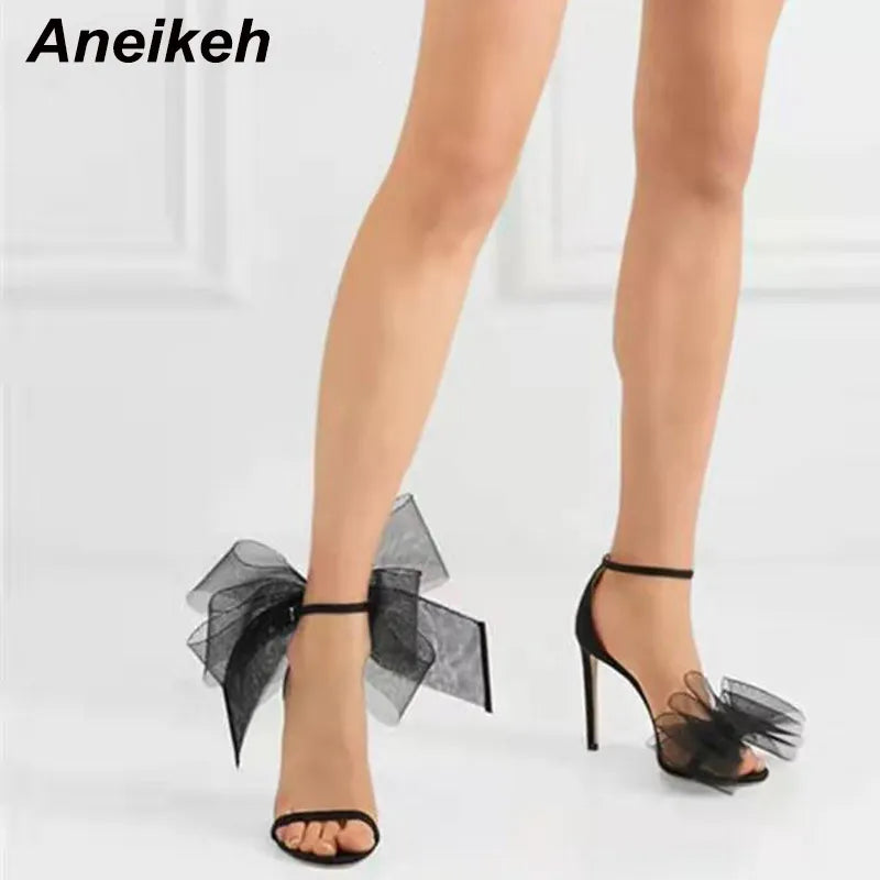 2024 Elegant Silk Pointed Open Toe High Heels Women's Mesh Butterfly knit Cover Heel Buckle Strap Sandals Party Dress
