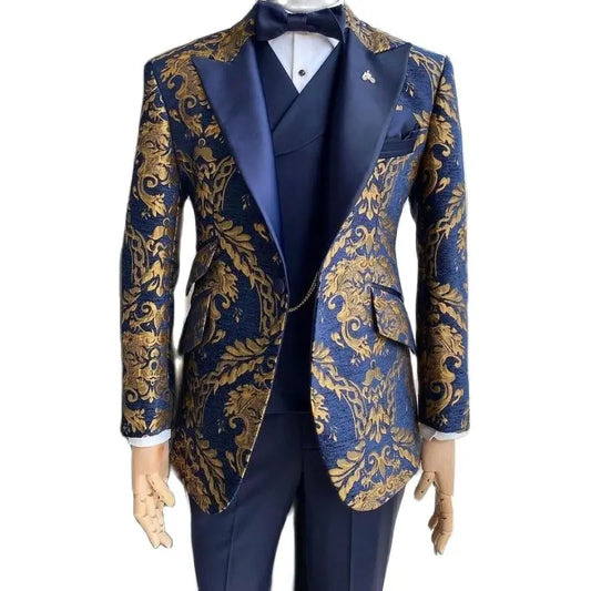 Floral Jacquard Tuxedo Suits for Men Wedding Slim Fit Navy Blue and Gold Gentleman Jacket with Vest Pant 3 Piece Male Costume