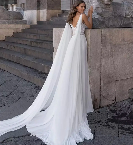 Bohemian V-Neck Wedding Dress 2024 Sleeveless A-Line Side Slit Spaghetti Straps Backless Lace Applique Floor Length  Bride Gown