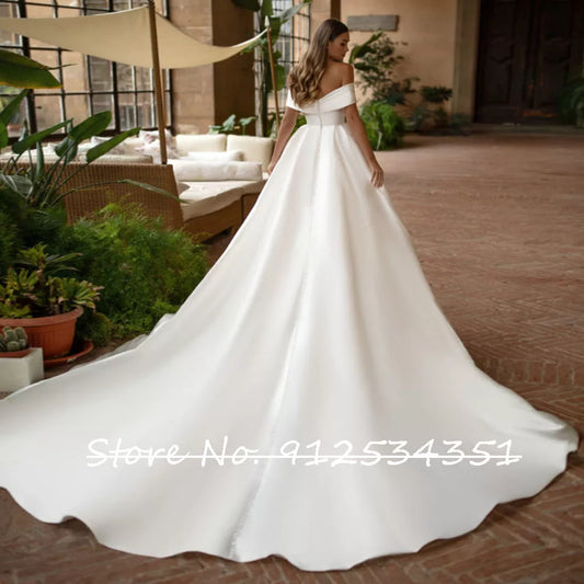 Abito Da Sposa Boat Neck Ball Gown Wedding Dress Off the Shoulder Simple Vestido De Noiva Zipper Back Satin Robe Mariage