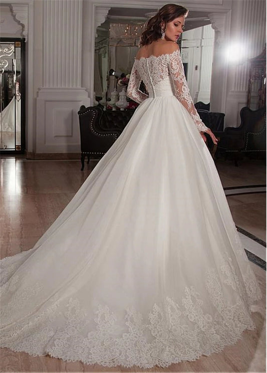 Vintage Boat Neck Tulle With Applique Lace A-line Long Sleeve Wedding Dress With Crystal Belt casamento Bride Dress 2024