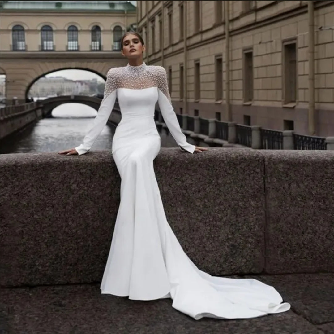 Luxurious Wedding Dress Soft Satin With Beading Pearls Mermaid Ball Gown High-Neck Full Sleeve Bride Dress Button Vestido De Nov
