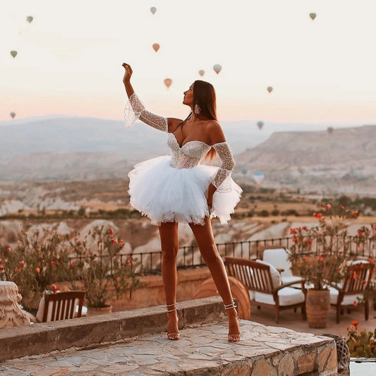 Short Above Knee Strapless Wedding Dresses for Bride 2023 Sweetheart Corset Sparkling White Swan Bridal Gowns Vestidos De Novia