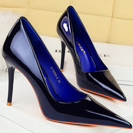 Women 9.5cm High Heels Pumps Royal Blue Pointed Toe Nude Stiletto Heels Lady Glossy Patent Leather Nightclub Sexy Fetish Shoes