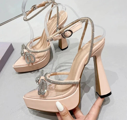 2024 Women PVC Mary Janes Shoes Pointed Toe Chunky Heels Platform Pumps Butterfly Knot Crystal Ankle Strap Buckle Party
