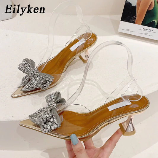 Eilyken Spring Autumn Crystal Sequined Bowknot Silver Women Pumps Low High Heels PVC Transparent Sandals Party Wedding Prom Shoe