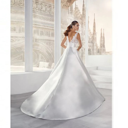 Wedding Dresses 2024 Elegant A-Line Regular Straps Modern Satin Lace Applique  Backless Bridal Gown Vestidos De Novia