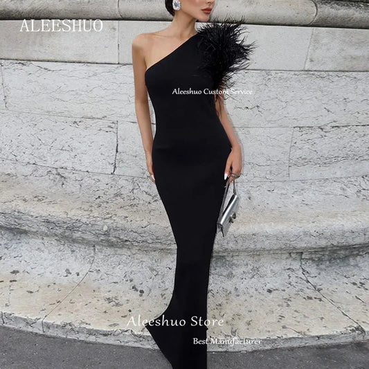 Aleeshuo Elegant Black Mermaid Formal Prom Dress Feathers One Shoulder Sleeveless Evening Dress Party Gowns Saudi Arabia 2024