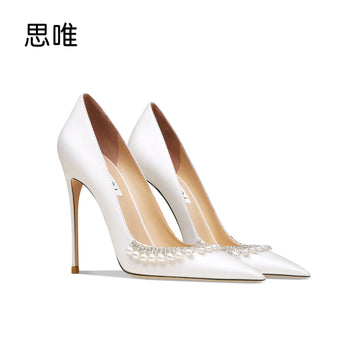 Fashion  Pointed Toe Satin Surface Women's Shoes  Bridal Shoe For Wedding White High Heel Shoe For Women Party Heeled Shoes 10cm