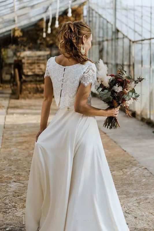 Bohemian Wedding Dresses 2024 Two Pieces Lace Top with Short Sleeve Bridal Gown Jewel Neck Beach Wedding Gown Vestidos De Novia