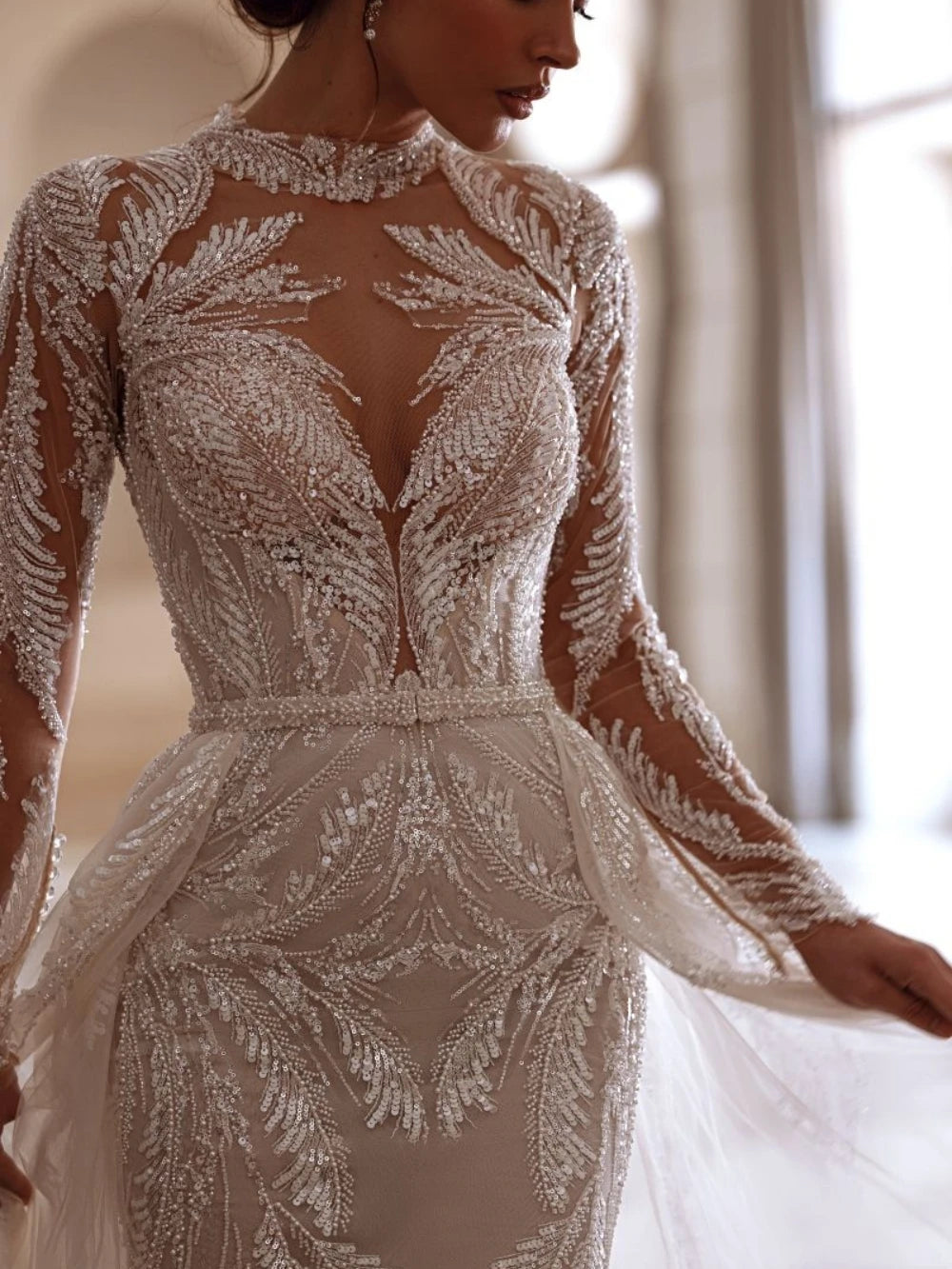 Modest High Collar Long Sleeve Wedding Dress Sparkly Sequins Beads Dress For Bride Elegant A-line Bridal Gown Robe De Mariée