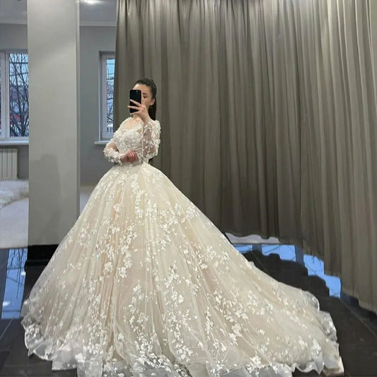 3D Lace Wedding Dresses 3D Lace Long Sleeve Appliques Bride Dress Vintage Appliques Wedding Gowns 2024