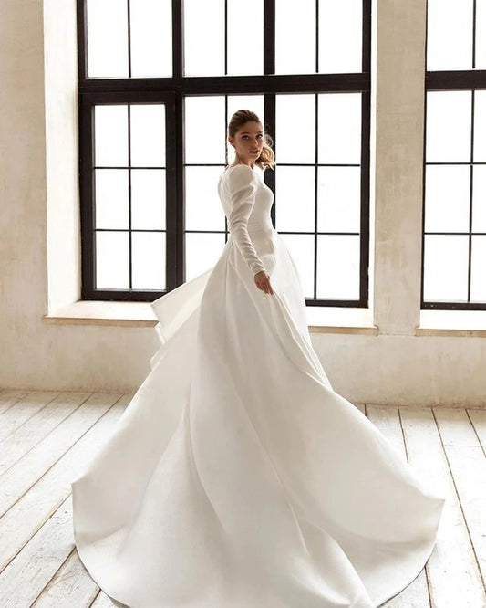 Classic Elegant Wedding Dresses A-Line Satin Bridal Gowns V-Neck Long Sleeves Robes For Formal Party 2024 Vestidos De Novia