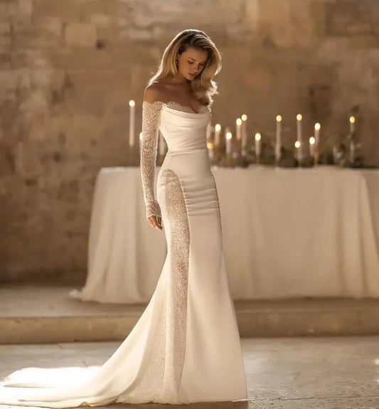 Luxury Beading Lace Mermaid Wedding Dress 2024 Long Sleeve Off The Shoulder Sweetheart Neck Sexy Bridal Gowns