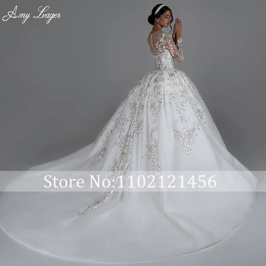 Classic Scoop Neck Long Sleeve Ball Gown Wedding Dress 2024 Gorgeous Appliques Beading Princess Bridal Gown Customize